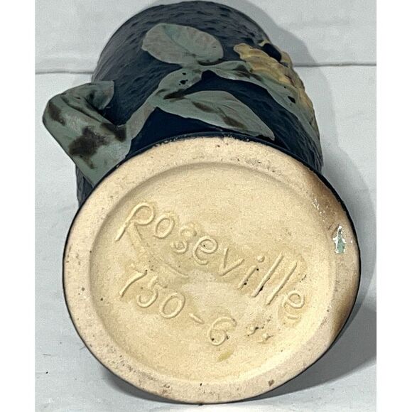 Roseville Pottery Reproduction Blue Rose Floral Flower Double Handle 6"x 5" Vase - Picture 6 of 8